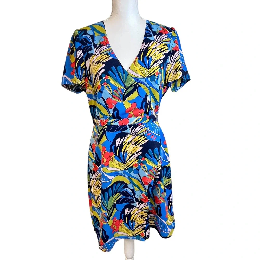 J CREW Mercantile Faux Wrap Dress Floral‎ Print Sz 10 Short Sleeve Office Work